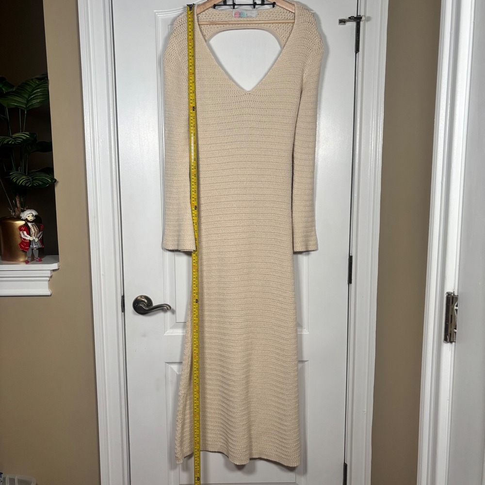 Free People Cream Knit Open Back V-Neck Maxi Sweater Dress Long Sleeve Medium - Picture 8 of 10